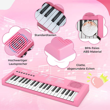 Dětské klávesy růžové, 37 kláves, 8 rytmů, USB a baterie
