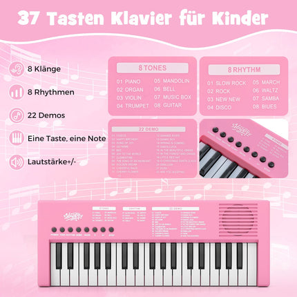 Dětské klávesy růžové, 37 kláves, 8 rytmů, USB a baterie