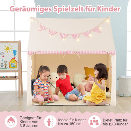 Kids Play Tent with Mat, Lights, and Flag Banner – Pink