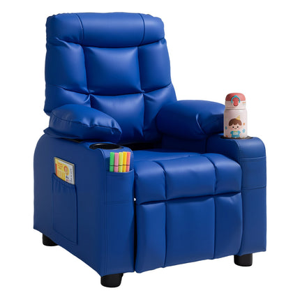 Kids Recliner Chair, PU Leather, Cup Holders, Footrest, Blue