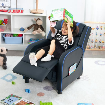 Dětské relaxační křeslo s podnožkou a bočními kapsami, modré