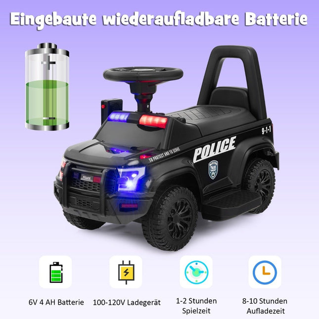 Dětské policejní auto na sezení s megafonem, baterie 6V, černé