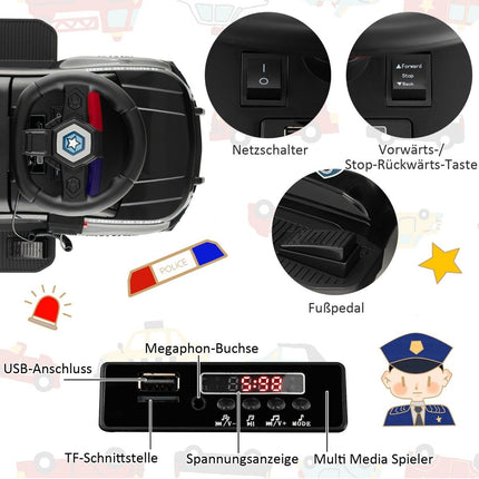 Kids Ride-On Police Car with Megaphone, 6V Battery, Black