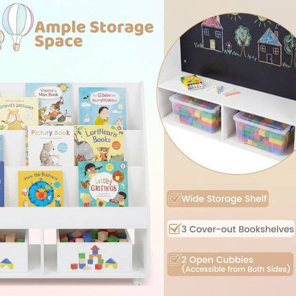 Kids Rolling Bookshelf with Chalkboard and Storage Cubes