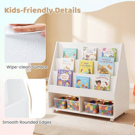 Kids Rolling Bookshelf with Chalkboard and Storage Cubes