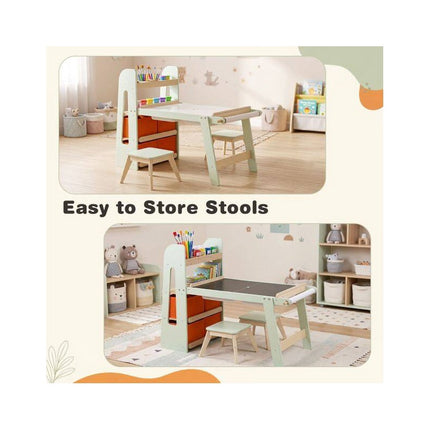 Kids Sensory Art Table with 2 Stools and Paper Roll, Green, 2 Activity Basins