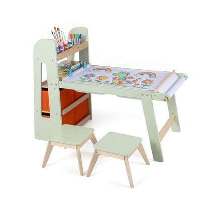 Kids Sensory Art Table with 2 Stools and Paper Roll, Green, 2 Activity Basins