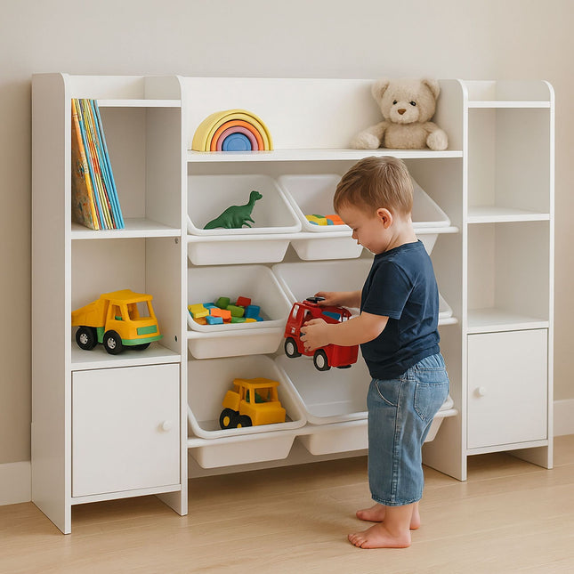 Kinderopbergkast met 8 bakken, witte speelgoed- en boekenplank
