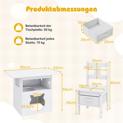 Dětský stůl s kočičím domkem, 2 židlemi a úložnými boxy