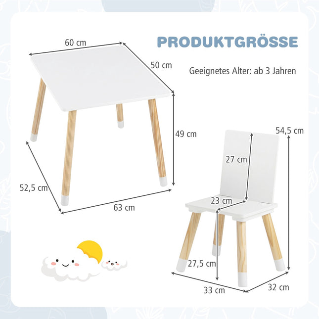 Dětský stůl a židle, dřevo, bílá, 3dílná sada