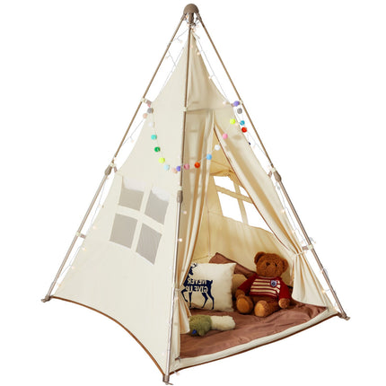 Kids Teepee Play Tent With Mat, Bag, Windows – Beige