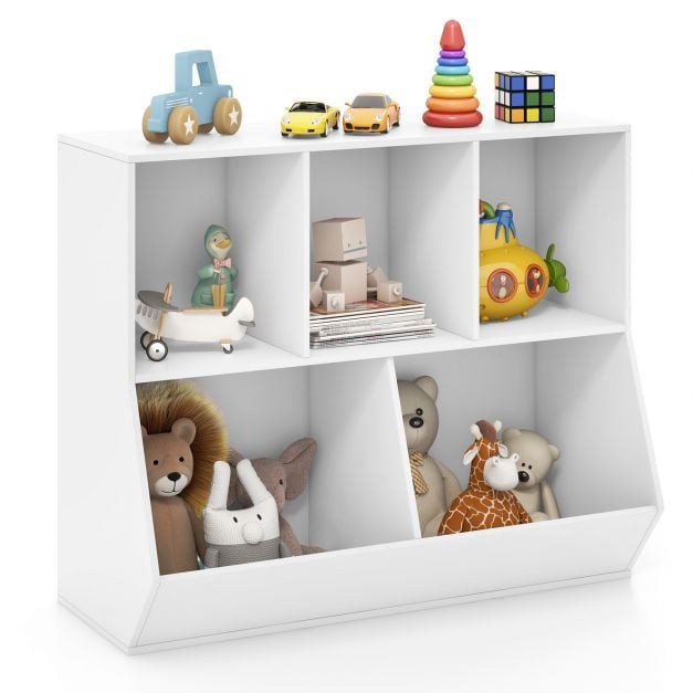 Speelgoedopbergrek voor kinderen, houten plank met 5 vakken, anti-kantelmechanisme, wit