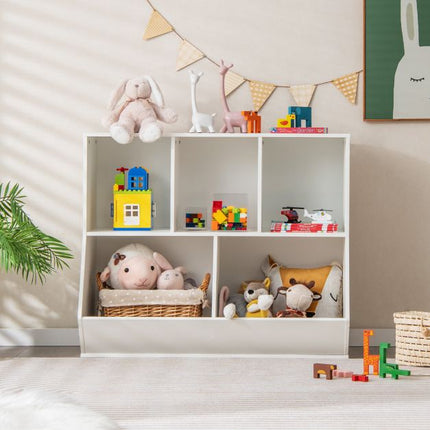 Kids Toy Storage Organizer, 5-Cube Wooden Shelf, Anti-Tip White