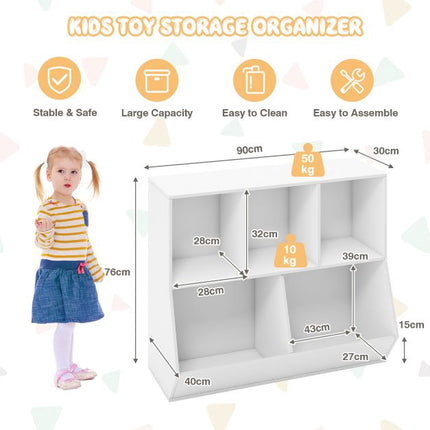 Kids Toy Storage Organizer, 5-Cube Wooden Shelf, Anti-Tip White