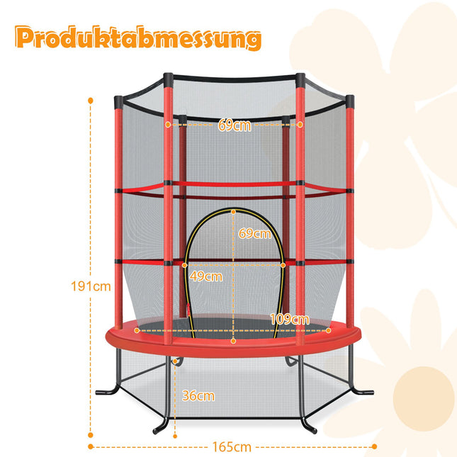 Dětská trampolína s ochrannou sítí, 165cm, nosnost 135kg, červená