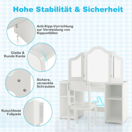 Dětský toaletní a psací stolek s trojdílným zrcadlem, bílý