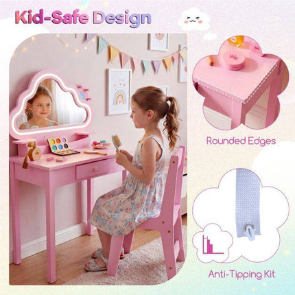 Kids Vanity Set with LED Cloud Mirror & Stool - Pink