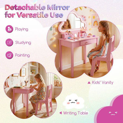 Kids Vanity Set with LED Cloud Mirror & Stool - Pink