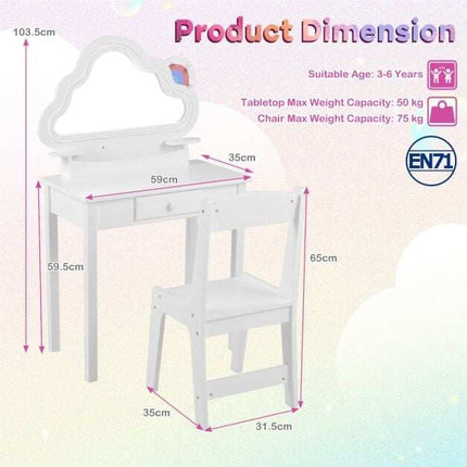 Kids Vanity Set with LED Cloud Mirror & Stool, White
