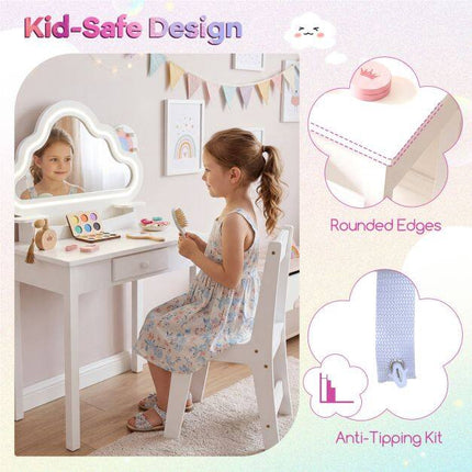 Kids Vanity Set with LED Cloud Mirror & Stool, White