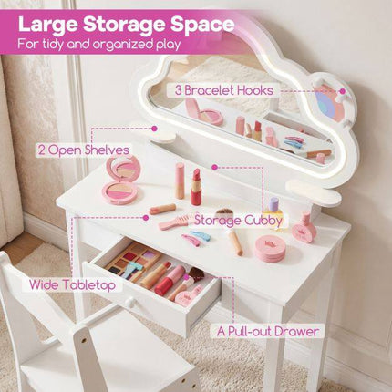 Kids Vanity Set with LED Cloud Mirror & Stool, White
