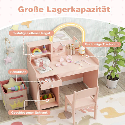 Dětský toaletní stolek s LED zrcadlem, taburetem a úložným prostorem