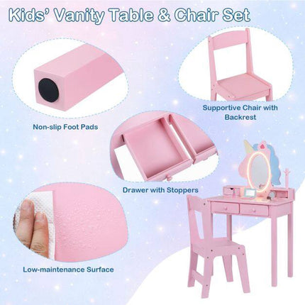 Kids Vanity Set with Lighted Mirror and Stool - Pink