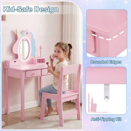 Kids Vanity Set with Lighted Mirror and Stool - Pink