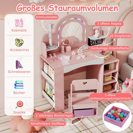 Dětský toaletní stolek se zrcadlem, osvětlením a židlí – růžový