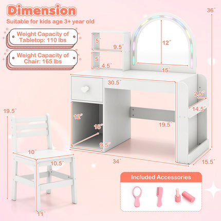 Kids Vanity Table & Chair Set with Lighted Mirror, White