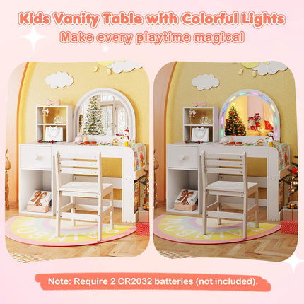 Kids Vanity Table & Chair Set with Lighted Mirror, White