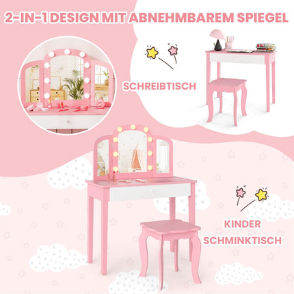 Dětský toaletní stolek – design 2 v 1, LED osvětlení, bílý