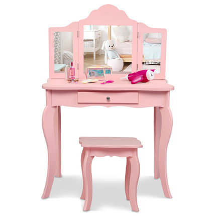 Kids Vanity Table Set, Stool, Tri-Fold Mirror, Drawer