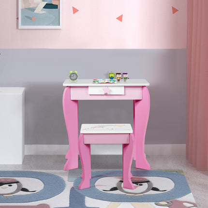 Kids Vanity Table Set With Mirror, Stool and Drawer
