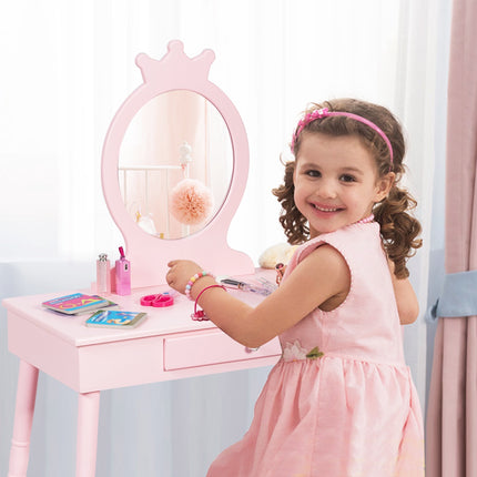 Kids Vanity Table Set With Stool, Mirror, Drawer, Pink