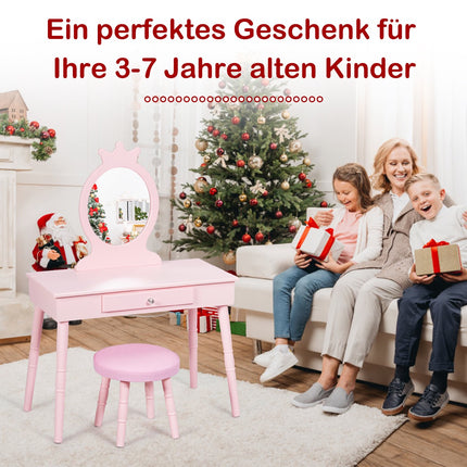Kids Vanity Table Set With Stool, Mirror, Drawer, Pink