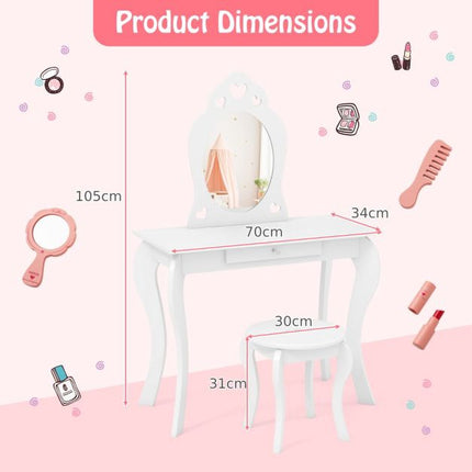 Kids Vanity Table Set With Stool, Removable Mirror, Drawer