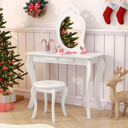 Kids Vanity Table Set With Stool, Removable Mirror, Drawer