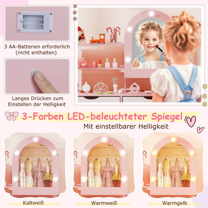 Dětský toaletní stolek s LED zrcadlem ve 3 barvách, růžový