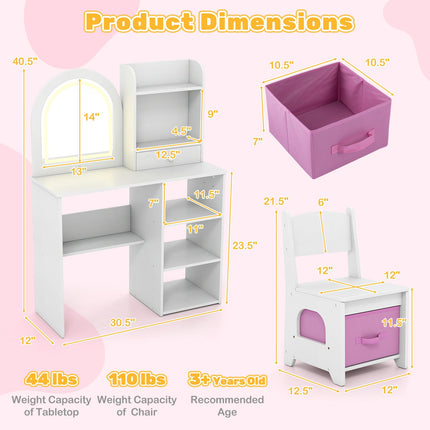Kids Vanity Table and Chair Set, 3-Color Lighted Mirror