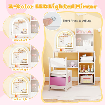 Kids Vanity Table and Chair Set, 3-Color Lighted Mirror