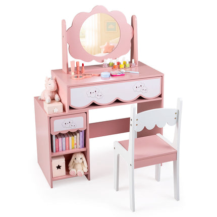 Kids Vanity Table and Chair Set with 360° Rotating Mirror, Pink, Ages 3-7