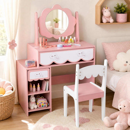 Kids Vanity Table and Chair Set with 360° Rotating Mirror, Pink, Ages 3-7