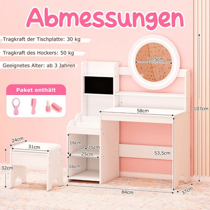 Kids Vanity Table with Mirror & Light, White, Storage & Stool