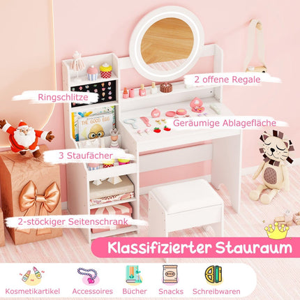Kids Vanity Table with Mirror & Light, White, Storage & Stool