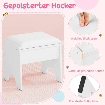 Kids Vanity Table with Mirror & Light, White, Storage & Stool