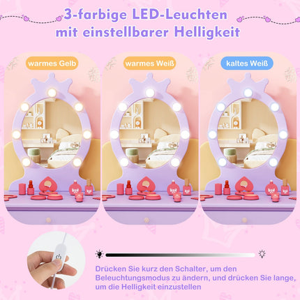 Dětský toaletní stolek s odnímatelným zrcadlem a LED osvětlením