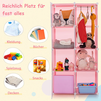Dětský šatní organizér, plastový regál s 8 přihrádkami, růžový