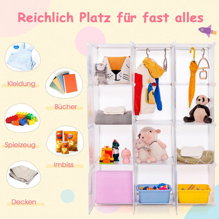 Dětská šatní skříň se 2 věšákovými sekcemi a 12 přihrádkami