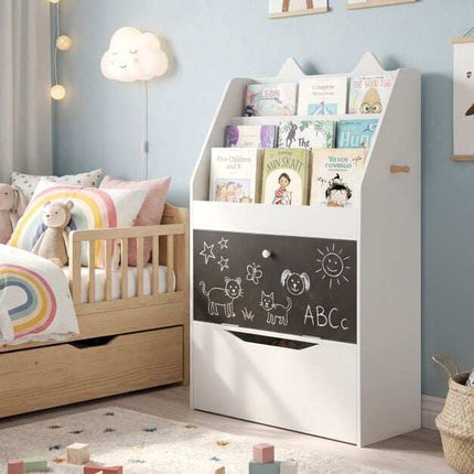 Kids White Bookshelf with Chalkboard and Storage Drawer
